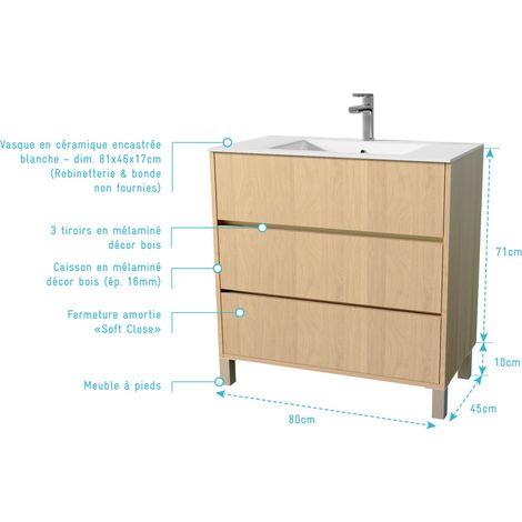 pack meuble salle de bains 80 cm chêne clair, 3 tiroirs avec vasque céramique - xenos — photo 4