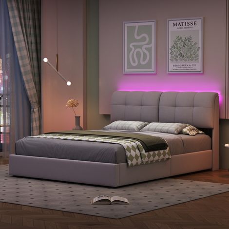 Dans Les Nuages – Lit coffre 140x200 cm avec rangement – Tête de lit LED et USB – Sommier à lattes en bois – Cadre métal capitonné velours beige — photo 3